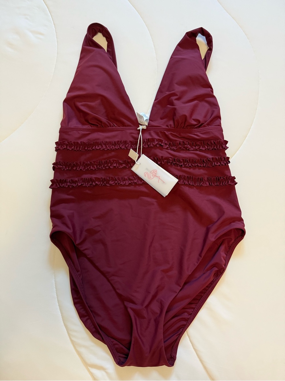 Women’s Burgundy One-Piece Swimsuit with Ruffle Accents